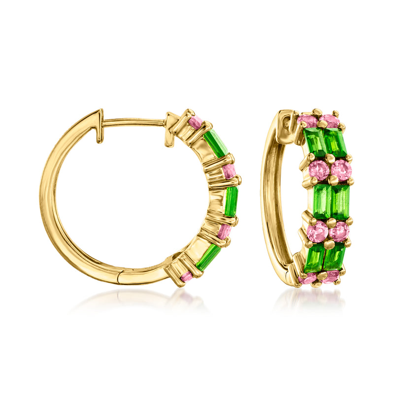 18kt gold over sterling hoop earrings with green and pink gemstone accents