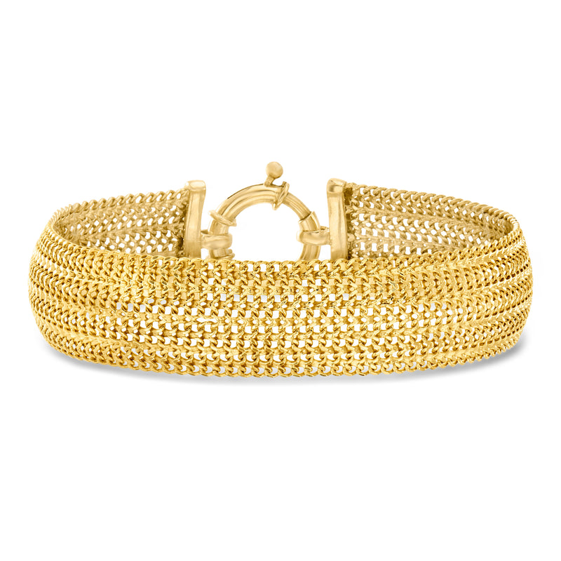 Gold over sterling mesh bracelet with hinged clasp, wide woven chain style