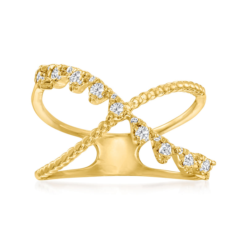 18kt gold over sterling crisscross ring with round diamond accents, open top design