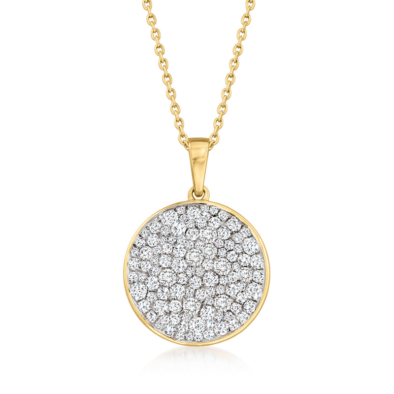 Round gold medallion pendant necklace with sparkling diamond-look cluster halo