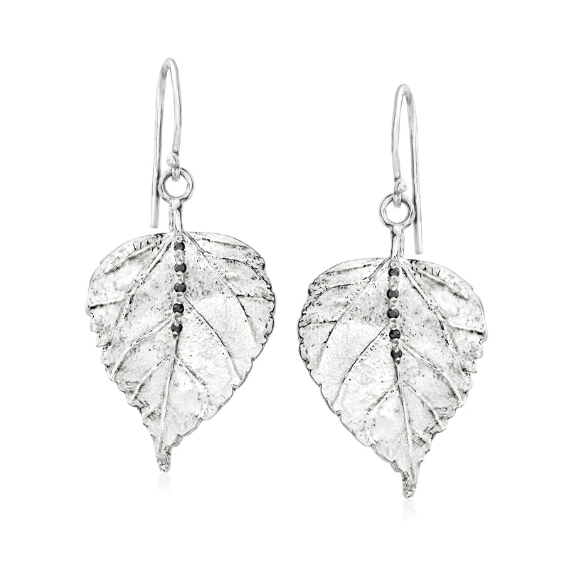 Sterling silver leaf drop earrings with dangling black diamond accents