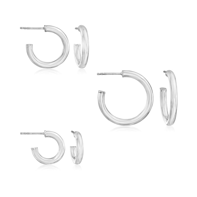 Sterling silver 3mm hoop earring set, three pairs shown with hinged clasps