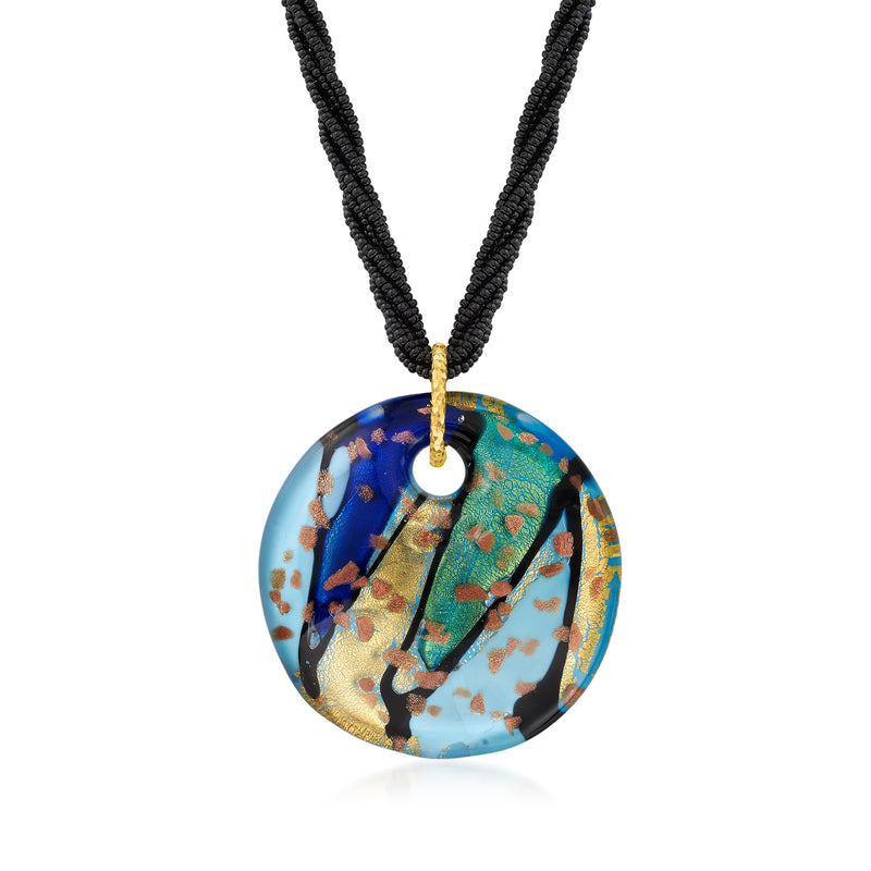 Multicolor Murano glass pendant necklace with black bead chain and gold bail