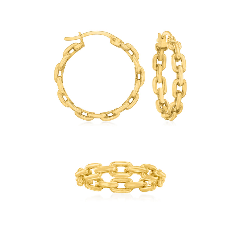 Gold over sterling jewelry set with paper clip link hoop earrings and chain ring