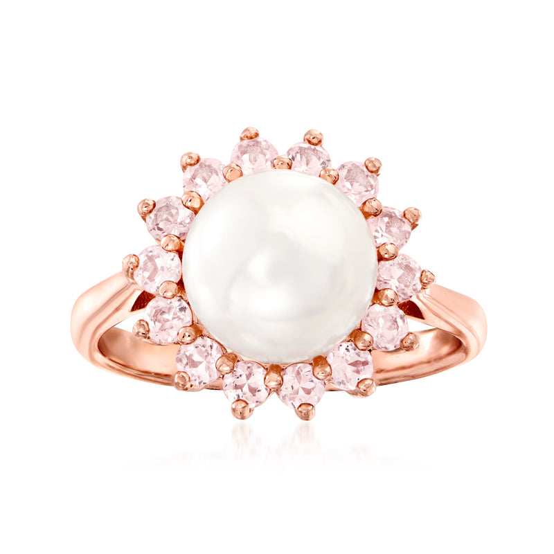 Rose gold ring with round white cultured pearl center and pink gemstone halo