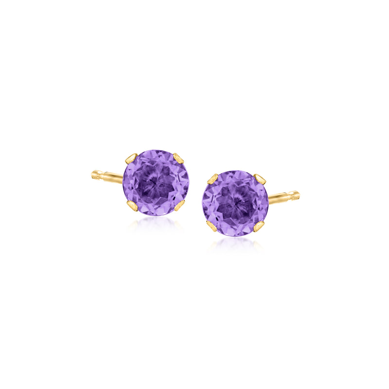 Round amethyst stud earrings in 14kt yellow gold, purple gemstones with gold posts