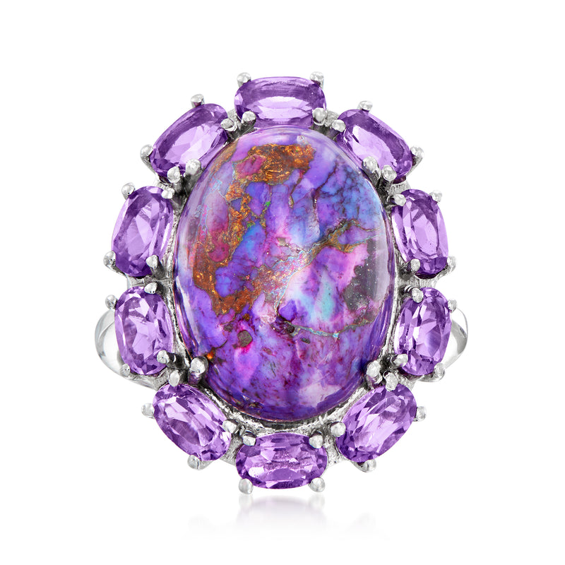 Sterling silver ring with oval purple amethyst centerpiece and purple gemstone halo