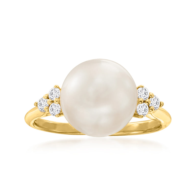 14kt yellow gold ring with 10mm cultured pearl center and four small round diamonds