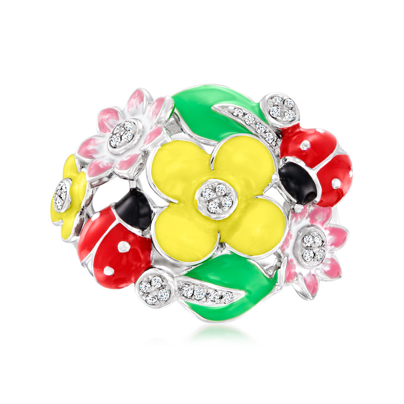 Sterling silver ladybug ring with multicolored enamel and crystal accents