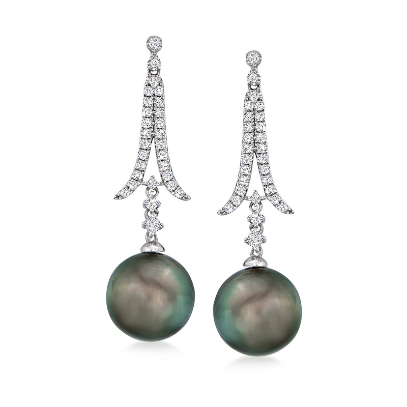 Black Tahitian pearl drop earrings with diamond accents in white gold