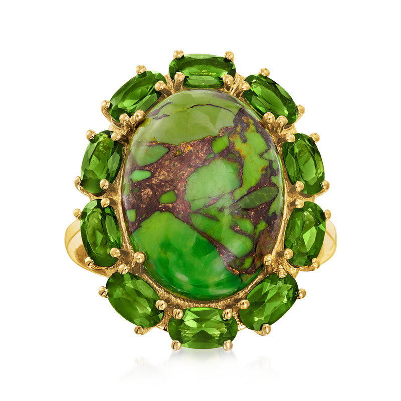 Green gemstone ring with large oval center stone and halo of oval green stones in gold