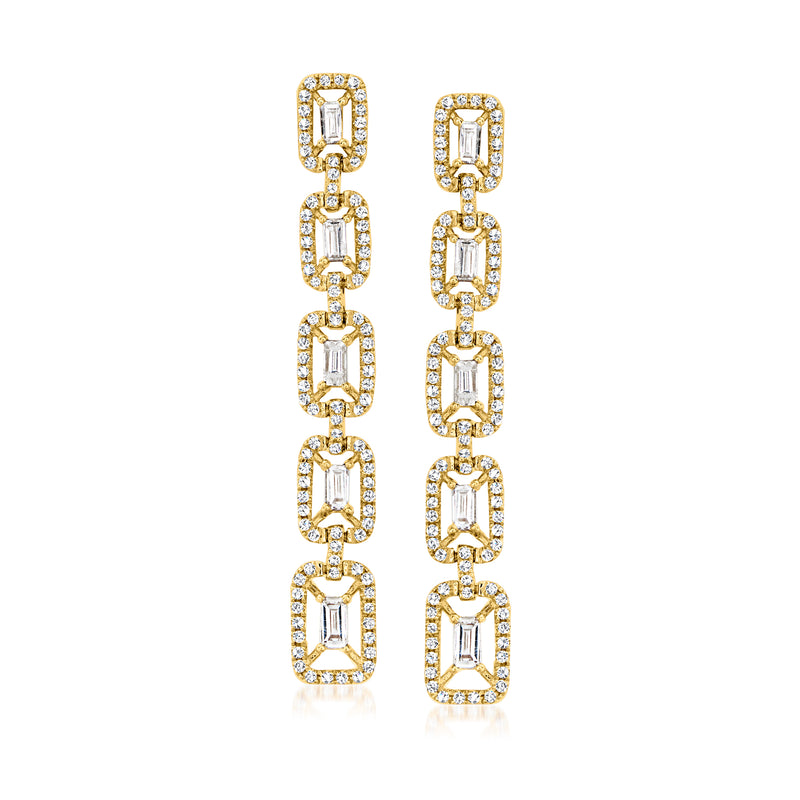 18kt yellow gold diamond link drop earrings, five baguette halos
