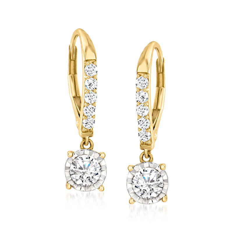 14kt yellow gold diamond drop leverback earrings with row of stones and round drops