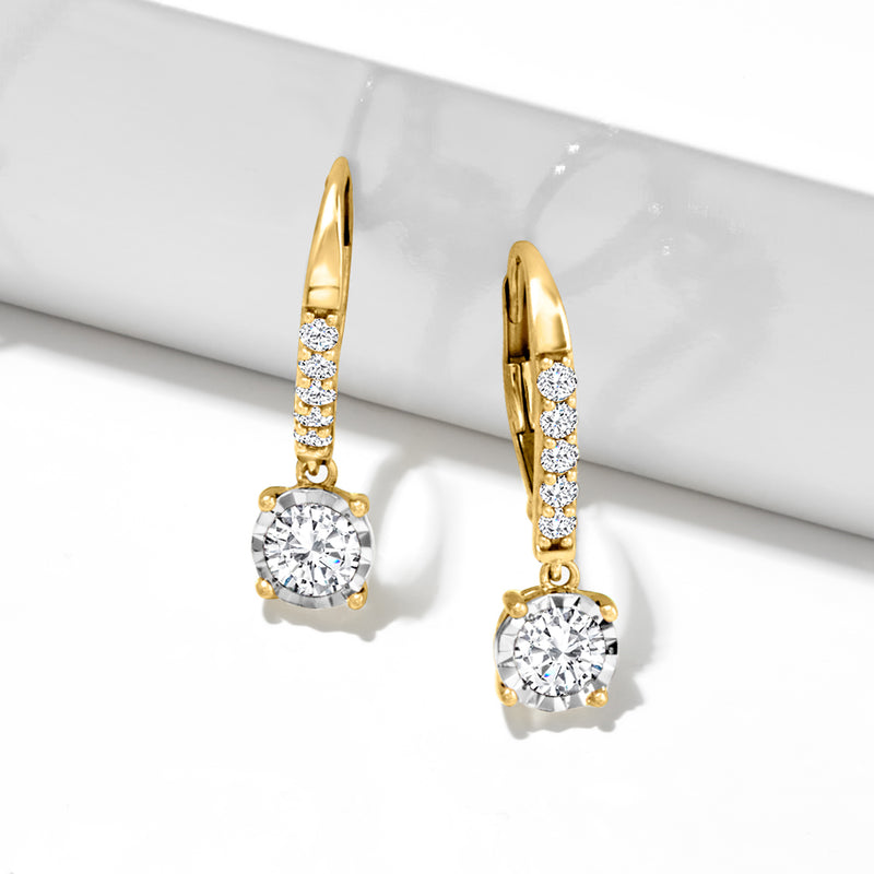 14kt yellow gold diamond drop leverback earrings, vertical row with round center stone