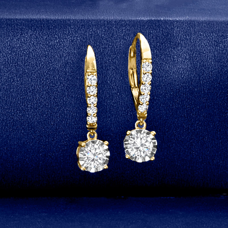 14kt yellow gold diamond leverback drop earrings with round dangling stones