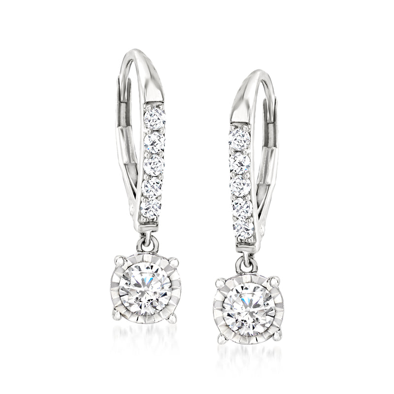 14kt white gold diamond drop leverback earrings with round center stones