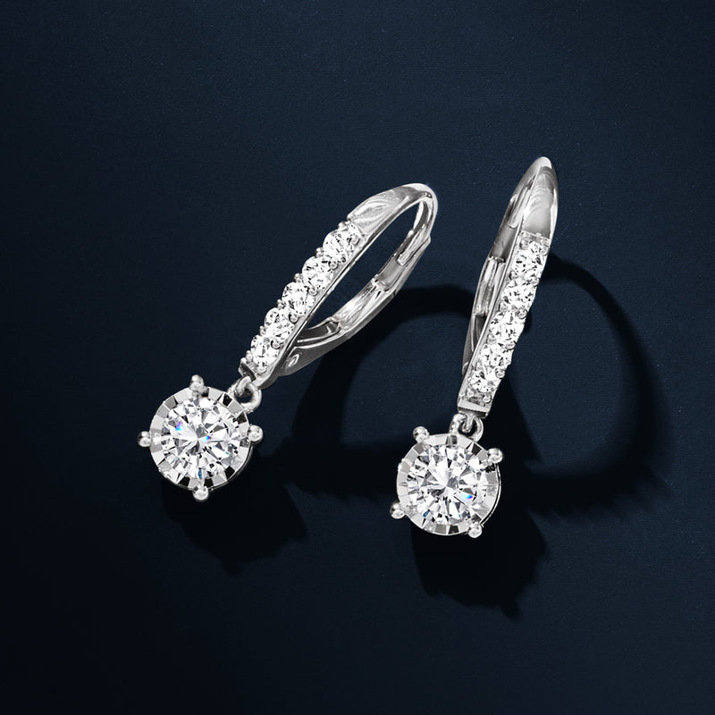 White gold diamond drop leverback earrings with round haloed stones