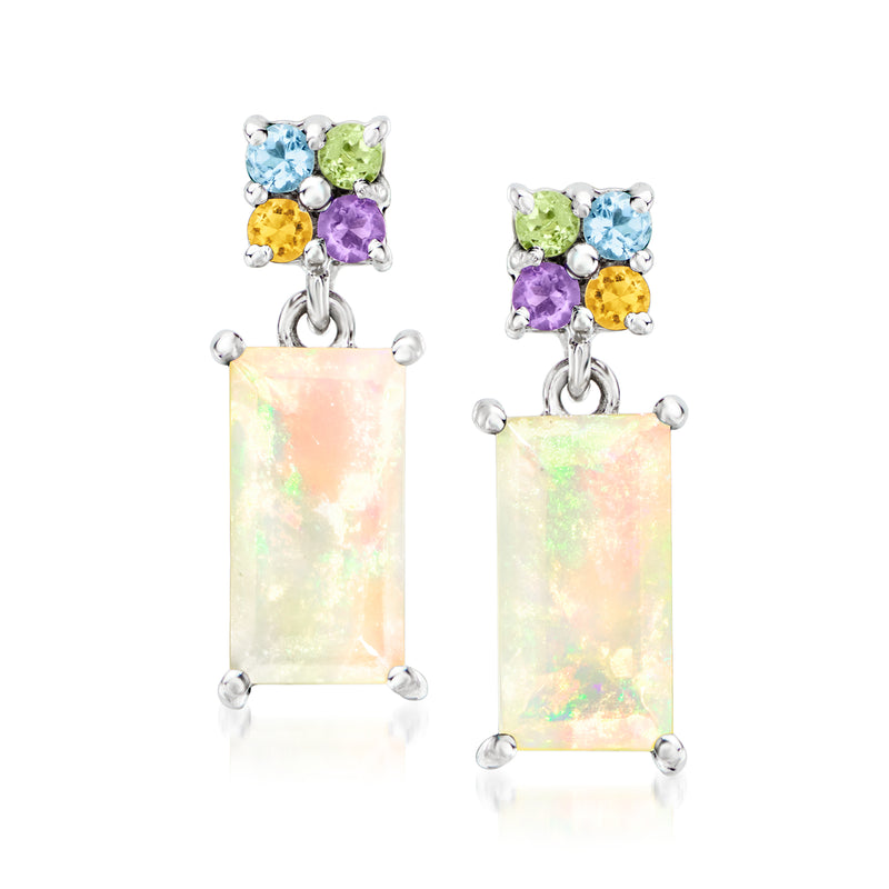 Sterling silver drop earrings with multicolor gemstone top and rectangular opalescent pendant