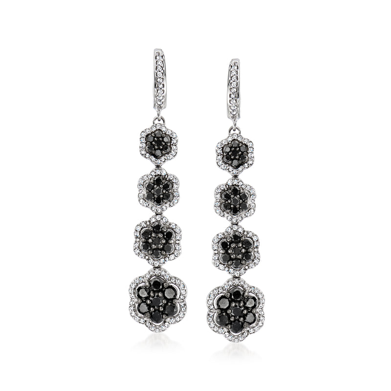 Sterling silver drop earrings with black and white floral cluster design, dangling tiers
