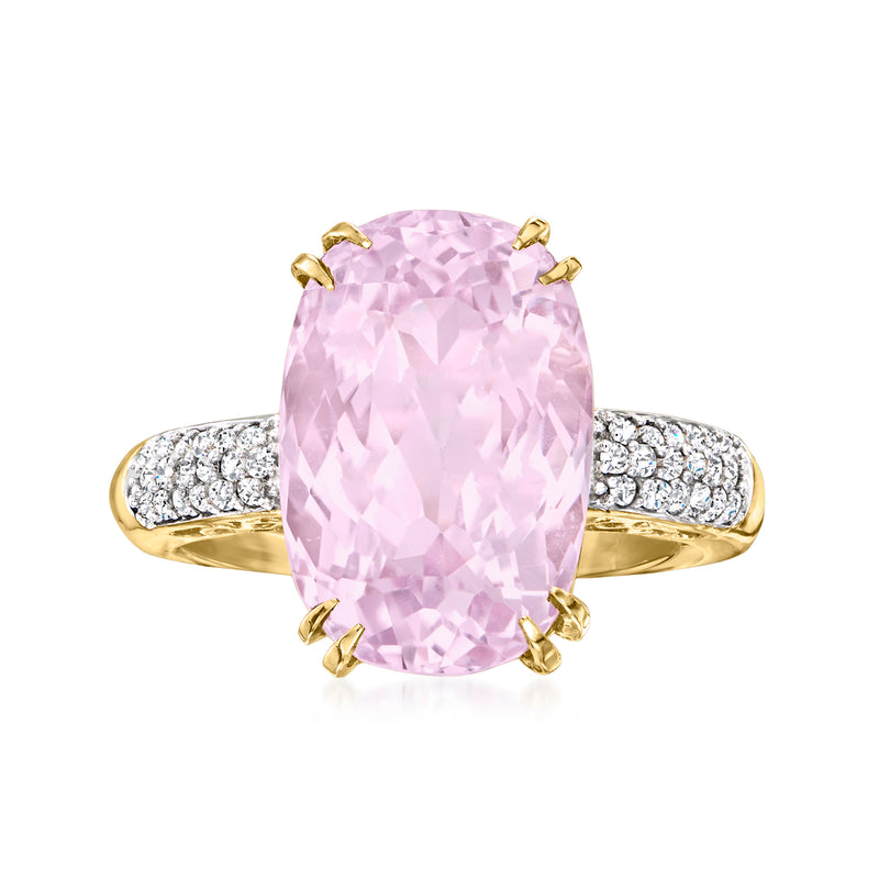Kunzite ring with oval pink center stone and diamond-accented yellow gold band