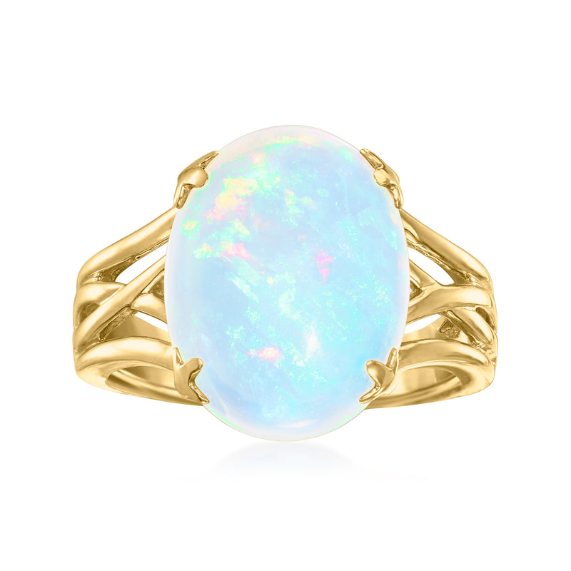 14kt yellow gold opal ring with oval opal center and four prongs