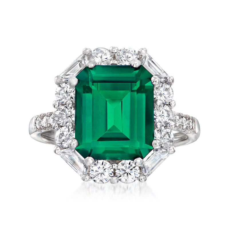 Sterling silver emerald-cut CZ ring with large emerald-green center, halo of clear stones