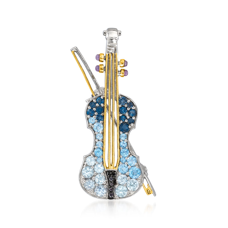 Two-tone sterling silver violin pendant with blue and purple gemstone inlay