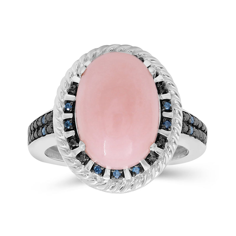 Sterling silver ring with oval pink opal center and blue accents along the band