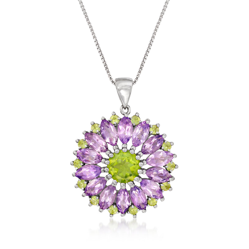 Sterling silver flower pendant with purple amethyst petals and green peridot center