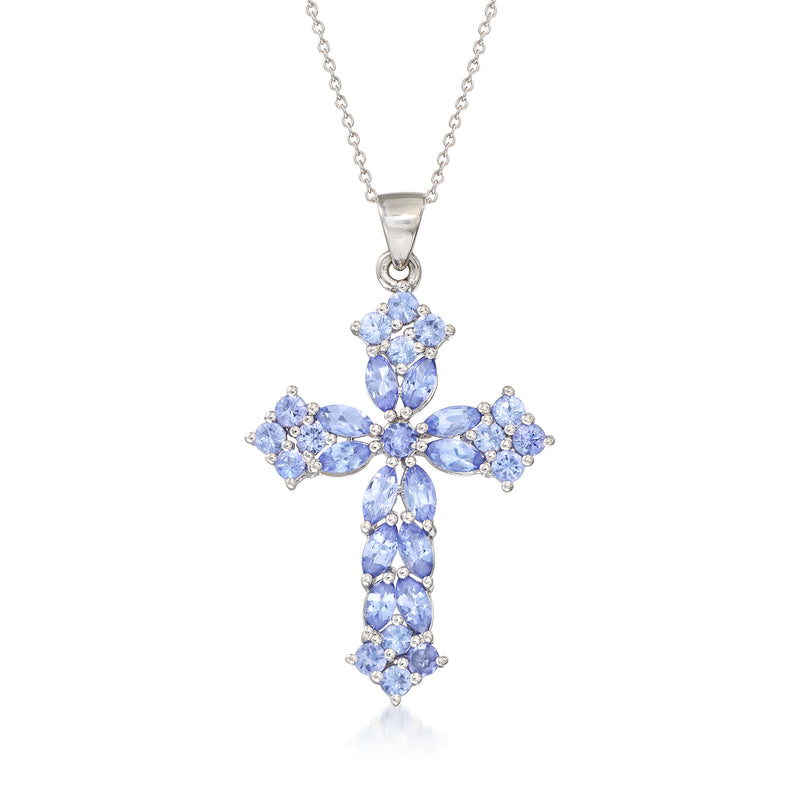 Sterling silver cross pendant necklace with blue gemstone pave in cross shape
