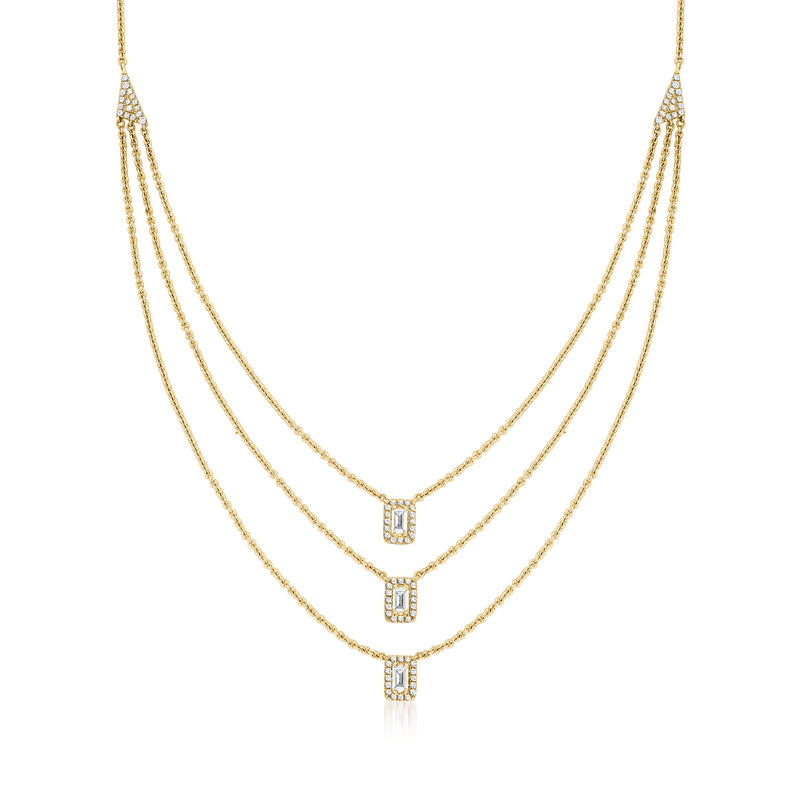 18kt yellow gold three-strand diamond necklace with three square bezel pendants