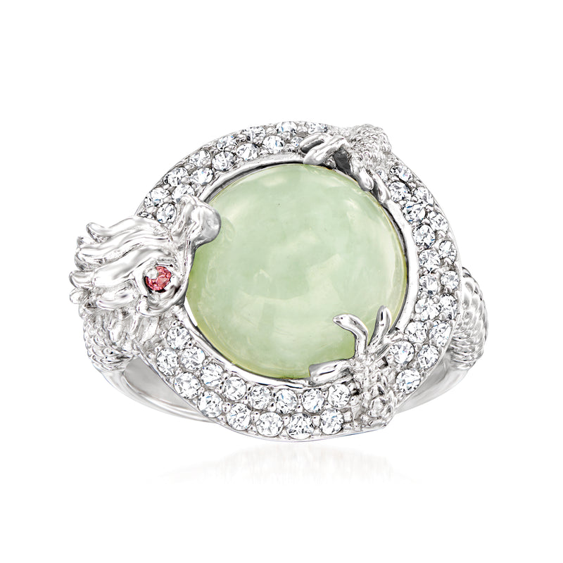 Sterling silver dragon ring with jade cabochon, white stones, and a red eye accent