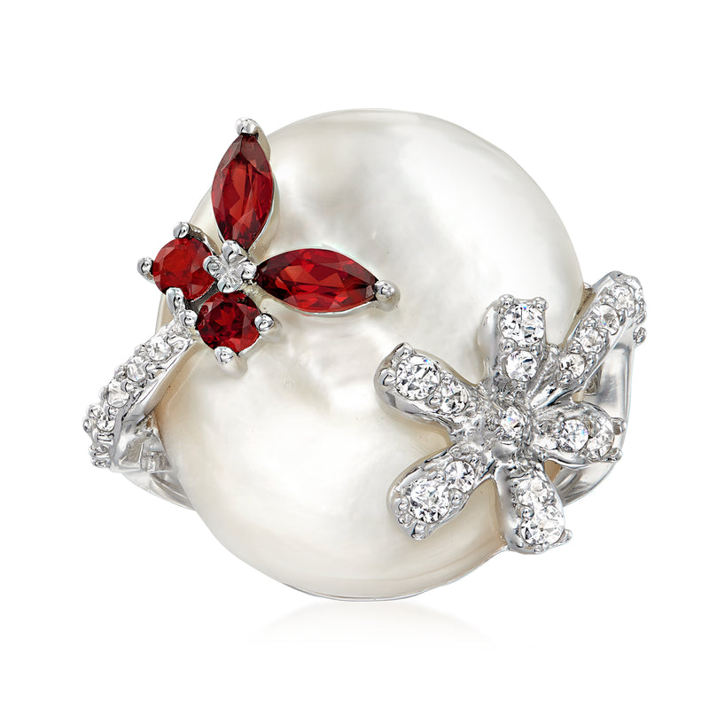 Sterling silver floral butterfly ring with red marquise and round gemstones, clear accents