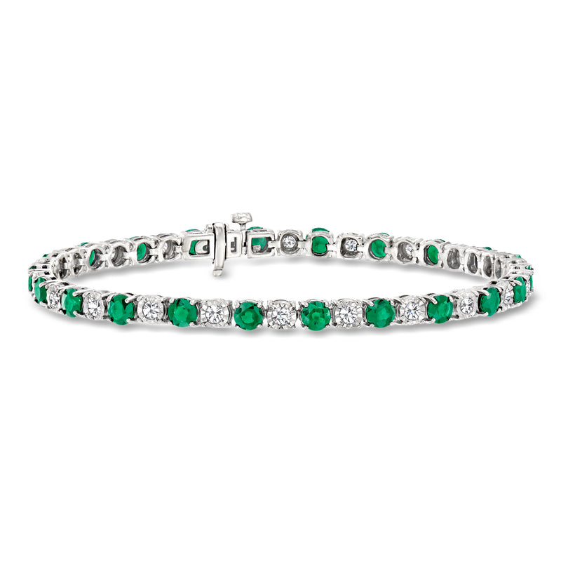 Sterling silver tennis bracelet with green emeralds and round diamonds, box clasp