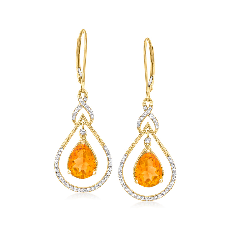 14kt yellow gold leverback drop earrings with orange citrine teardrops and diamond halos