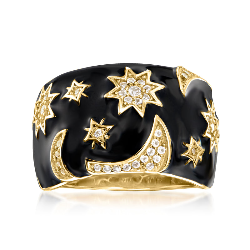 Black enamel celestial ring with gold stars, moon, and clear crystal accents