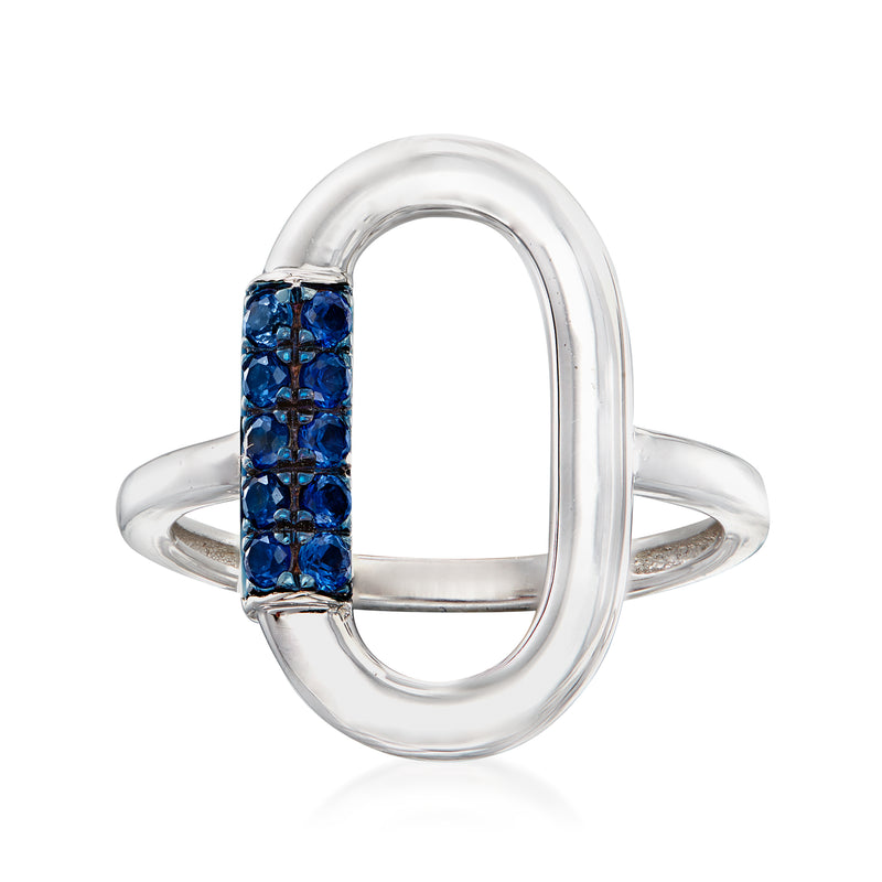 Sterling silver carabiner-link ring with oval open frame and blue sapphire stone rectangle row