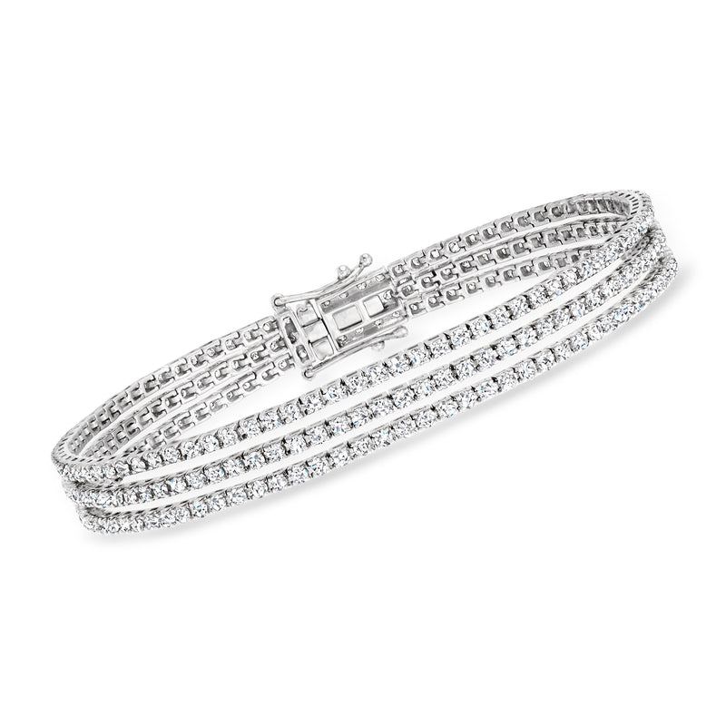 14kt white gold three-row diamond tennis bracelet with hinged clasp, silver tone links