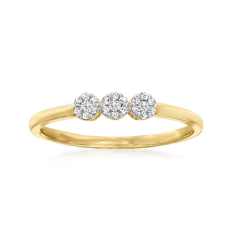 14kt yellow gold diamond cluster ring with three round sparkling stones