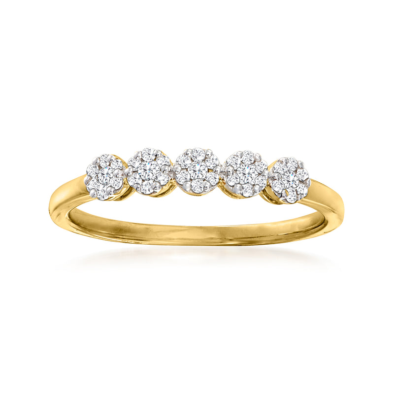 14k yellow gold ring with five round diamond cluster stones across the band