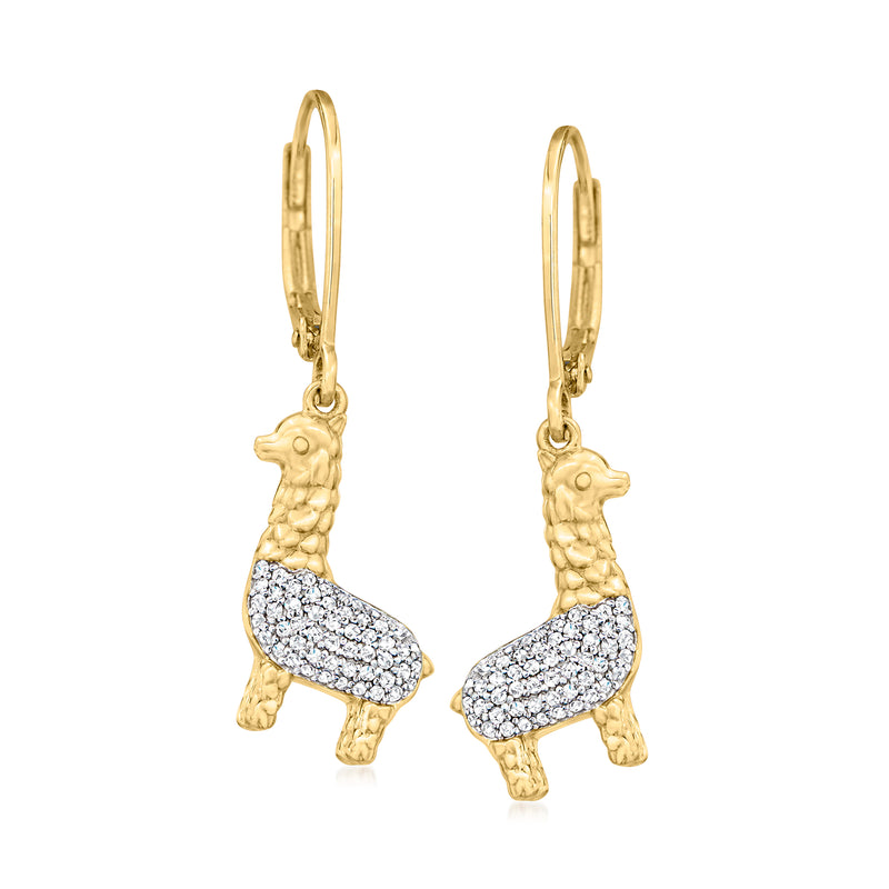 18kt gold over sterling llama drop earrings with glittery pendant bar; leverback