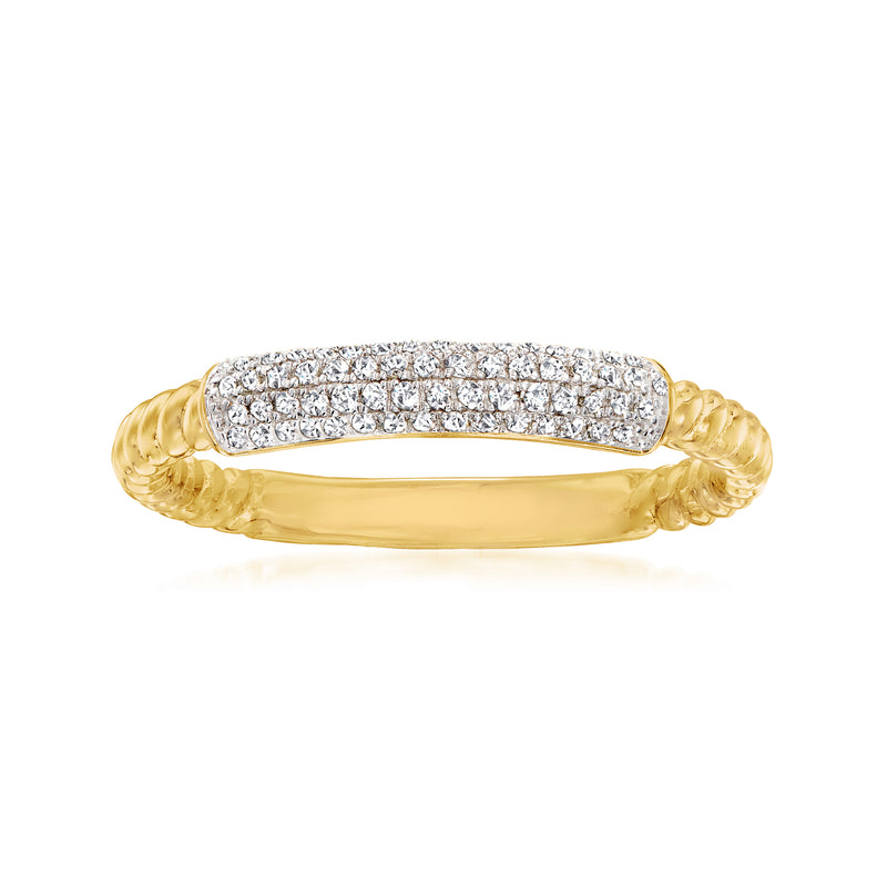 Yellow gold diamond ring with pave-set row of clear stones on the top band