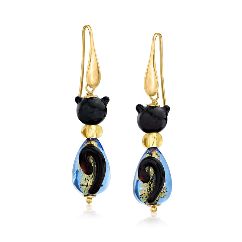Gold-tone cat drop earrings with black beads and blue Murano glass teardrops