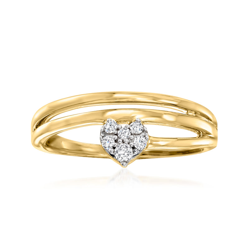 Gold heart-shaped diamond cluster ring with three-stone sparkle in polished band