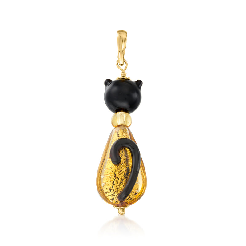 Golden and black Murano glass cat pendant with 18kt gold over sterling bail