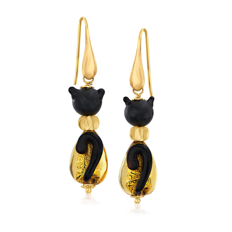 Cat drop earrings with black Murano glass beads and golden accents, gold earwire