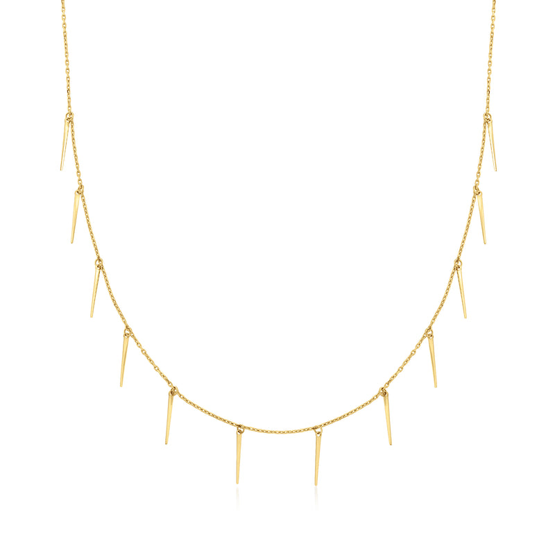 14kt yellow gold spike drop necklace with dangling vertical bar accents
