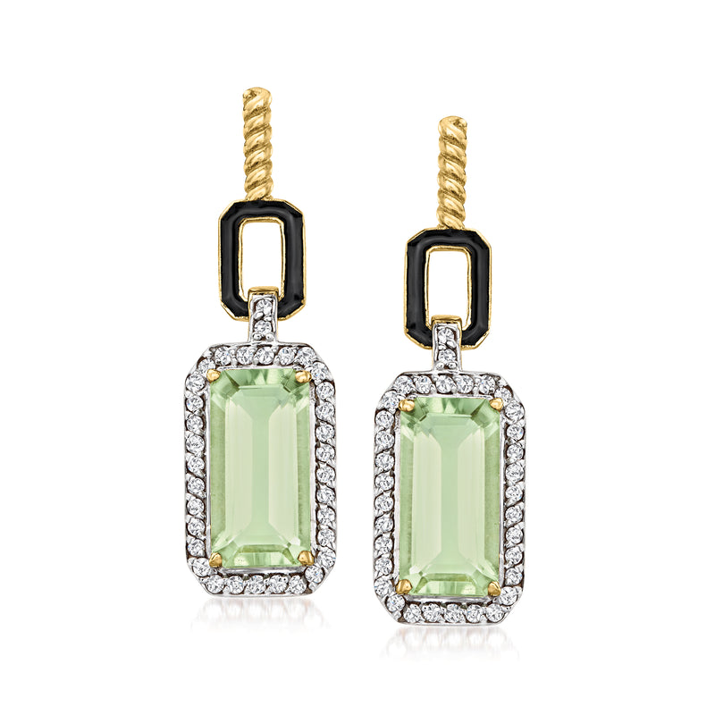 18k gold drop earrings with green prasiolite, white zircon halos, and black enamel frames