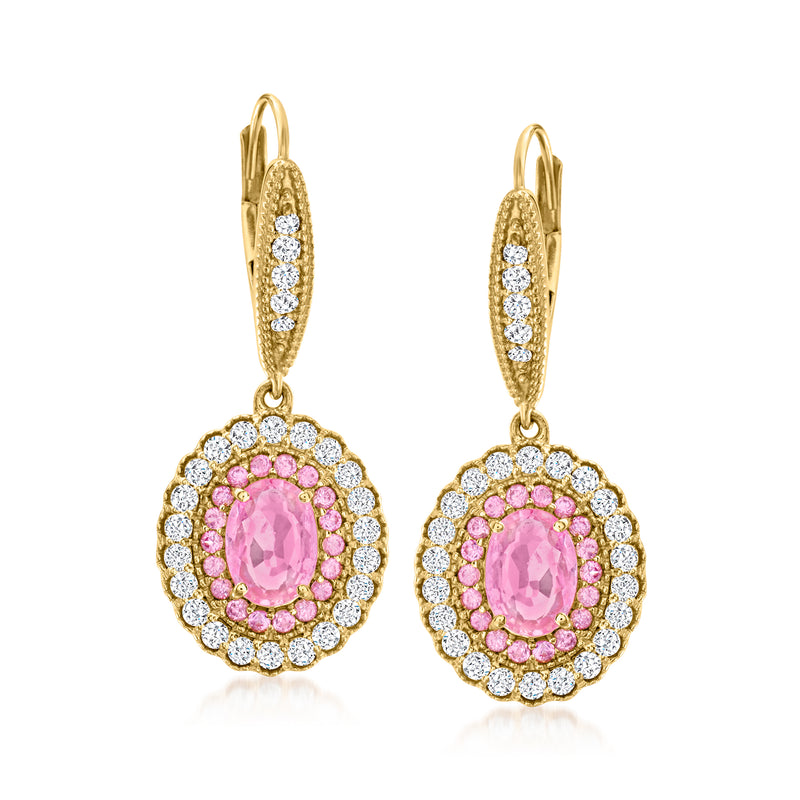 18kt yellow gold leverback drop earrings with oval pink center and diamond halos.
