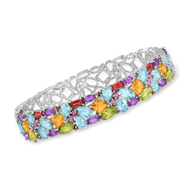 Sterling silver multi-gemstone bracelet, faceted colorful stones in openwork link band